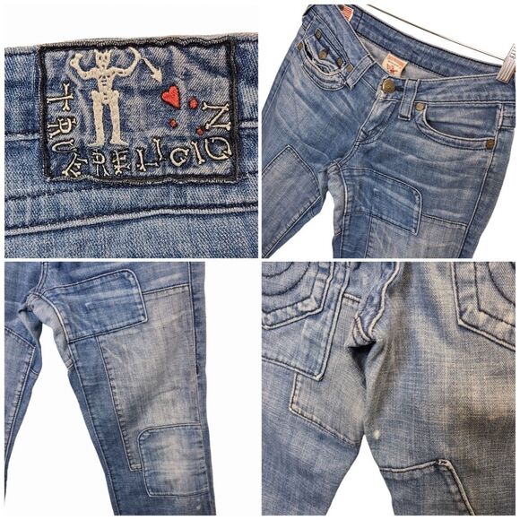 Y2K Vintage True Religion Women's 27 Billy Denim Patchwork Straight Leg Jeans - Picture 11 of 15